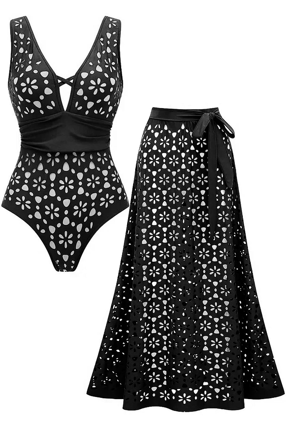 Soliera Ολόσωμο Μαγιό και Φούστα Παρεό με Διάτρητο Σχέδιο (Σετ) | Μαγιό - Ολόσωμα - Swimwear One Piece | Soliera One-Piece Swimsuit with Pareo Skirt Set