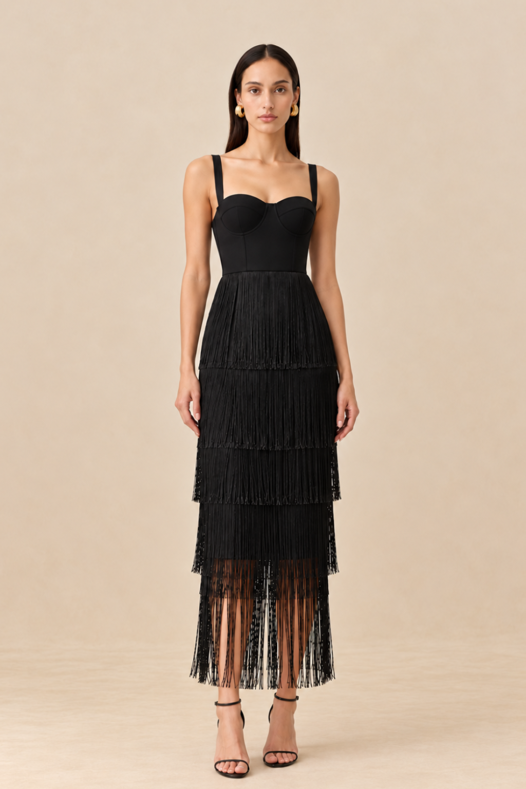 Minuit Black Bandage Dress with Fringes