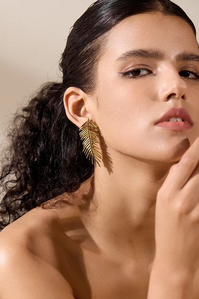 Elvirty Χρυσά Μακριά Σκουλαρίκια Φύλλο | Σκουλαρίκια Earrings | Elvirty Gold Long Leaf Earrings