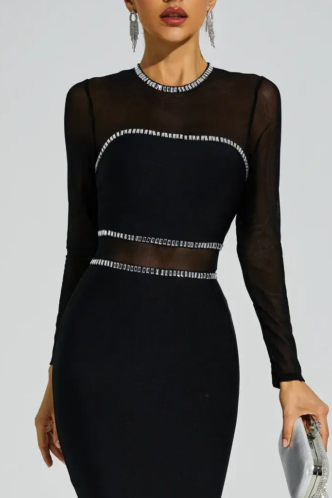 Lustre Βραδινό Φόρεμα με Κρύσταλλα και Διαφάνειες | Φορέματα - Evening Dresses | Lustre Black Mesh Bandage Dress with Crystals