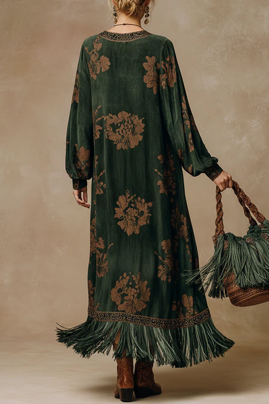 Almendra Εμπριμέ Μάξι Φόρεμα Καφτάνι με Κρόσσια | Καφτάνια Κιμονό Ριχτά Φορέματα - Beachwear - Loungewear | Almendra Maxi Printed Kaftan Dress with Tassels