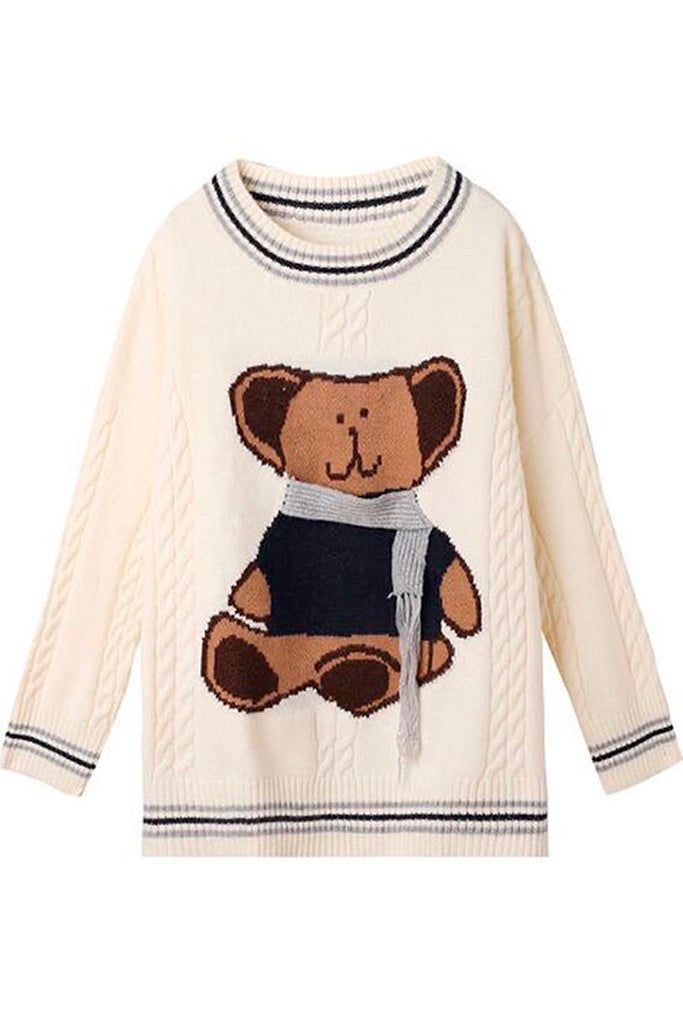 Teddy Scarf Λευκό Oversized Πουλόβερ με Aρκουδάκι | Γυναικεία Ρούχα - Πουλόβερ