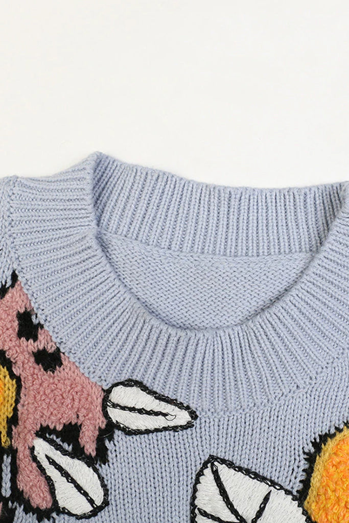 Jacey Γαλάζιο Πουλόβερ με Κεντήματα Λουλουδιών | Γυναικεία Ρούχα - Μπλούζες - Πουλόβερ - Πλεκτά