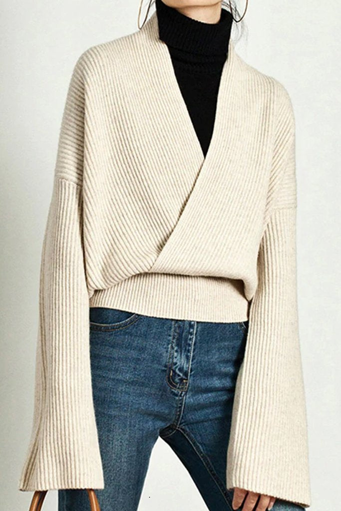 Μπεζ Σταυρωτό Πουλόβερ | Γυναικεία Ρούχα - Πουλόβερ