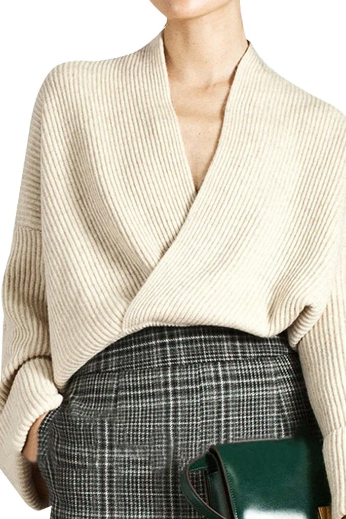 Μπεζ Σταυρωτό Πουλόβερ | Γυναικεία Ρούχα - Πουλόβερ