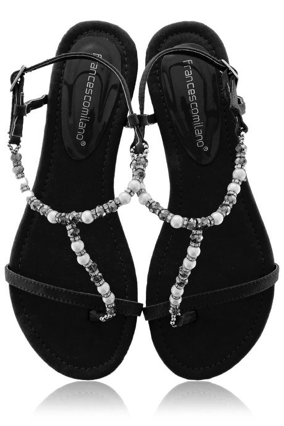 Elatia Black Sandals with Pearls & Crystals