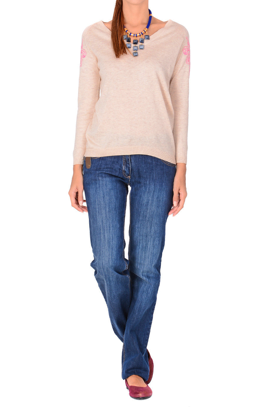 Μπεζ Μπλούζα με Ροζ Κέντημα | Γυναικεία Ρούχα