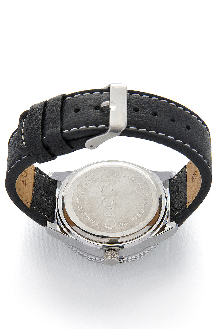 C3844 Silver Watch with Black Leather Strap