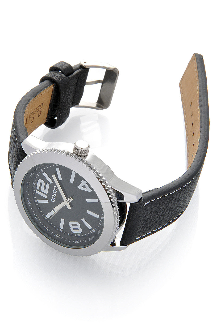 C3844 Silver Watch with Black Leather Strap