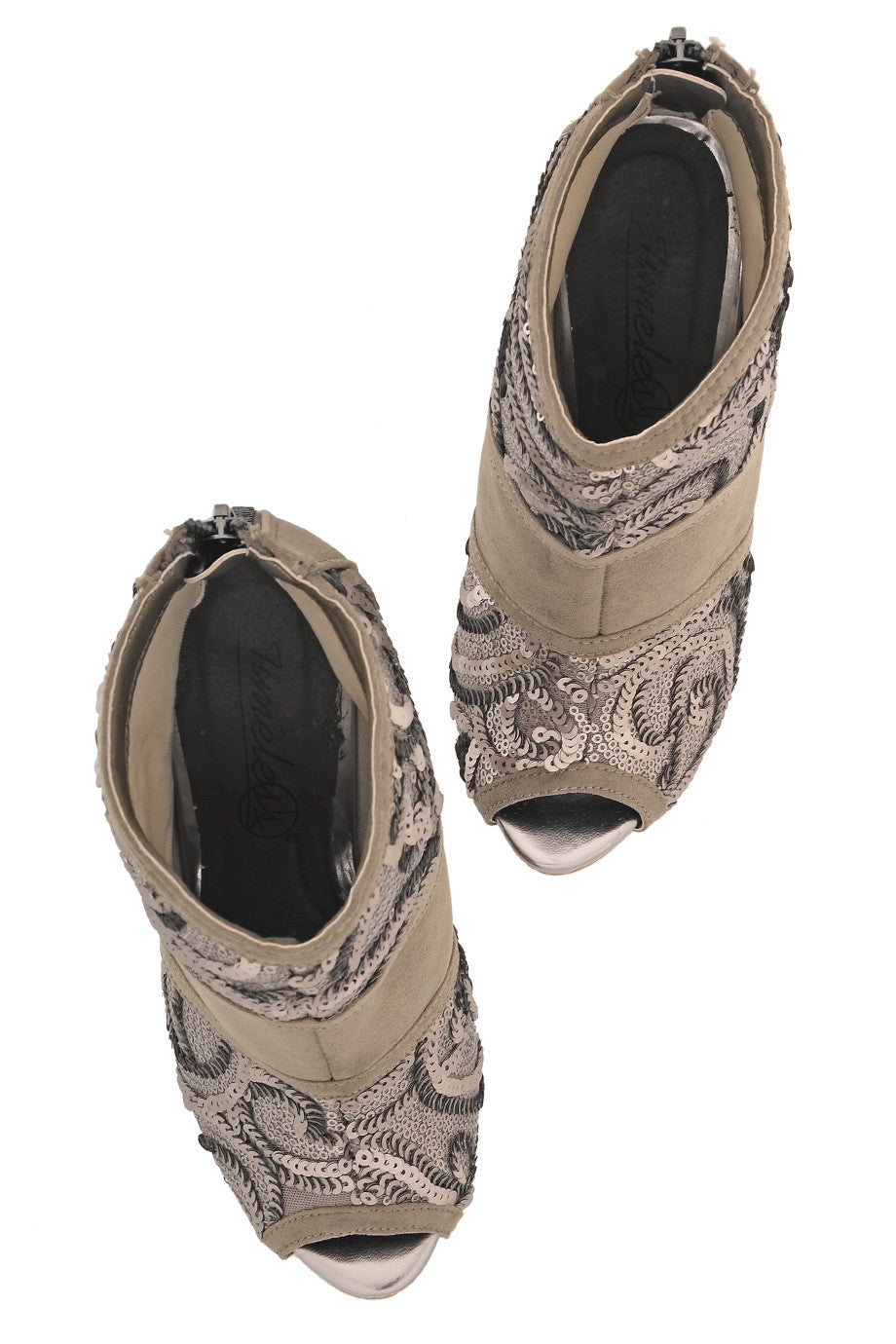 Χακί Μποτάκια Peep Toe Με Παγιέτες | Γυναικεία Παπούτσια