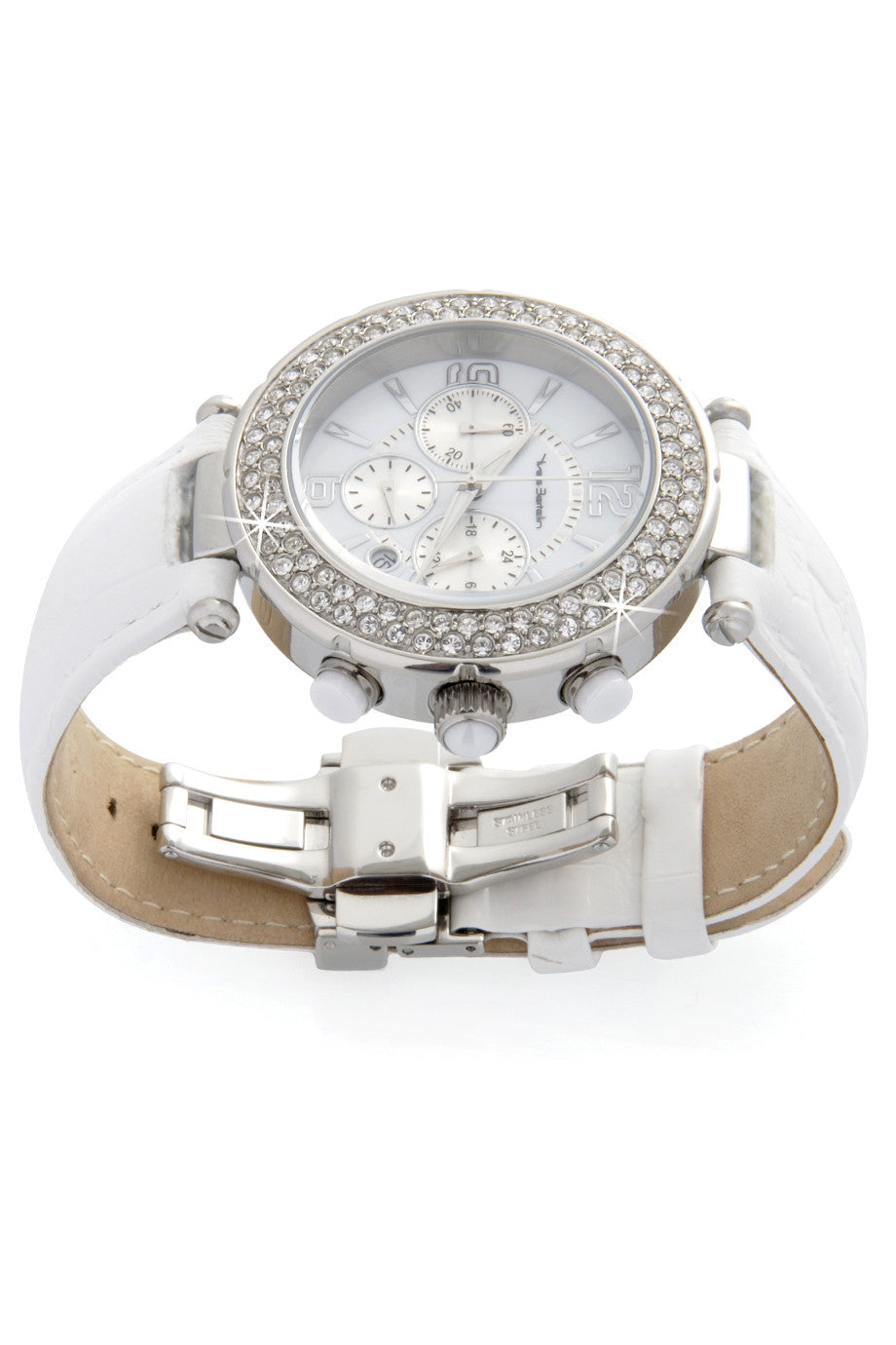 SUIR White Leather Chronograph Watch with Crystals