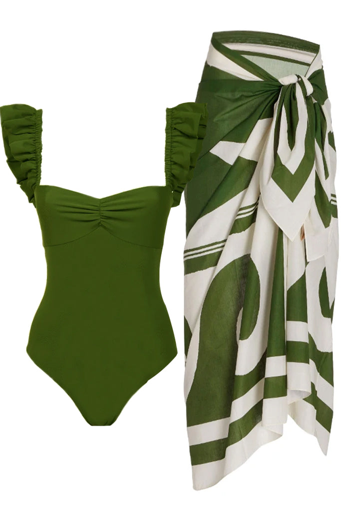 Poesy Πράσινο Ολόσωμο Μαγιό και Παρεό | Γυναικεία Μαγιό Παρεό - Ολόσωμα  - Swimwear | Poesy Green One Piece Swimsuit with Pareo