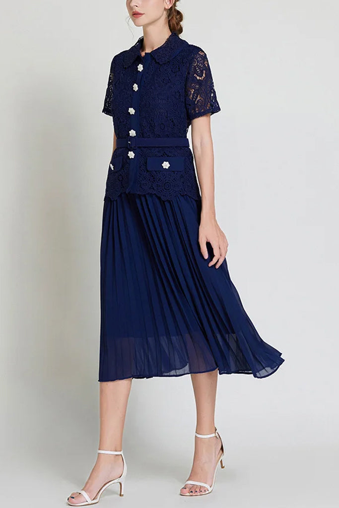 Daleyza Blue Pleated Lace Dress