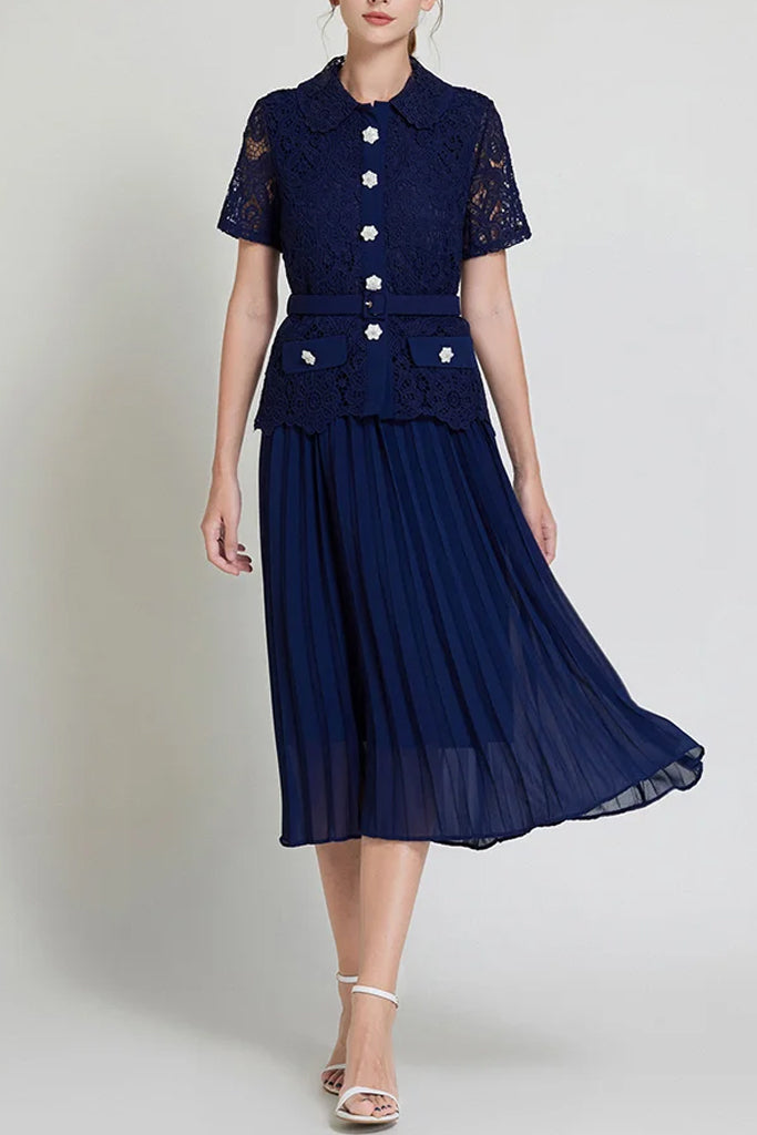 Daleyza Blue Dress Set with Lace and Pleats