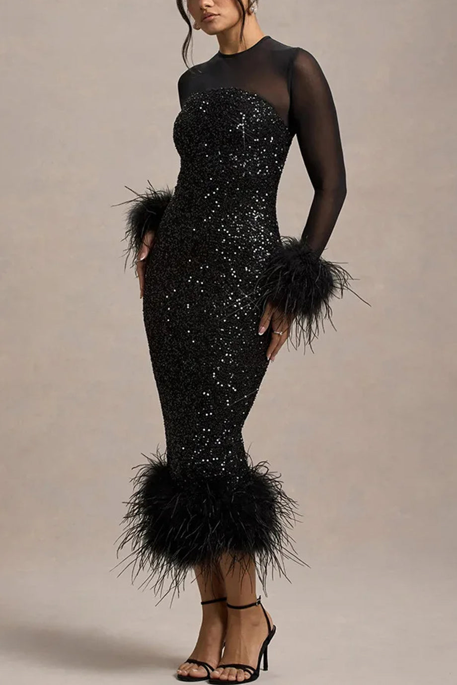 Dalisse Φόρεμα με Παγιέτες και Φτερά | Βραδινά Φορέματα Evening Dresses | Dalisse Sequin Midi Dress with Feather Trim