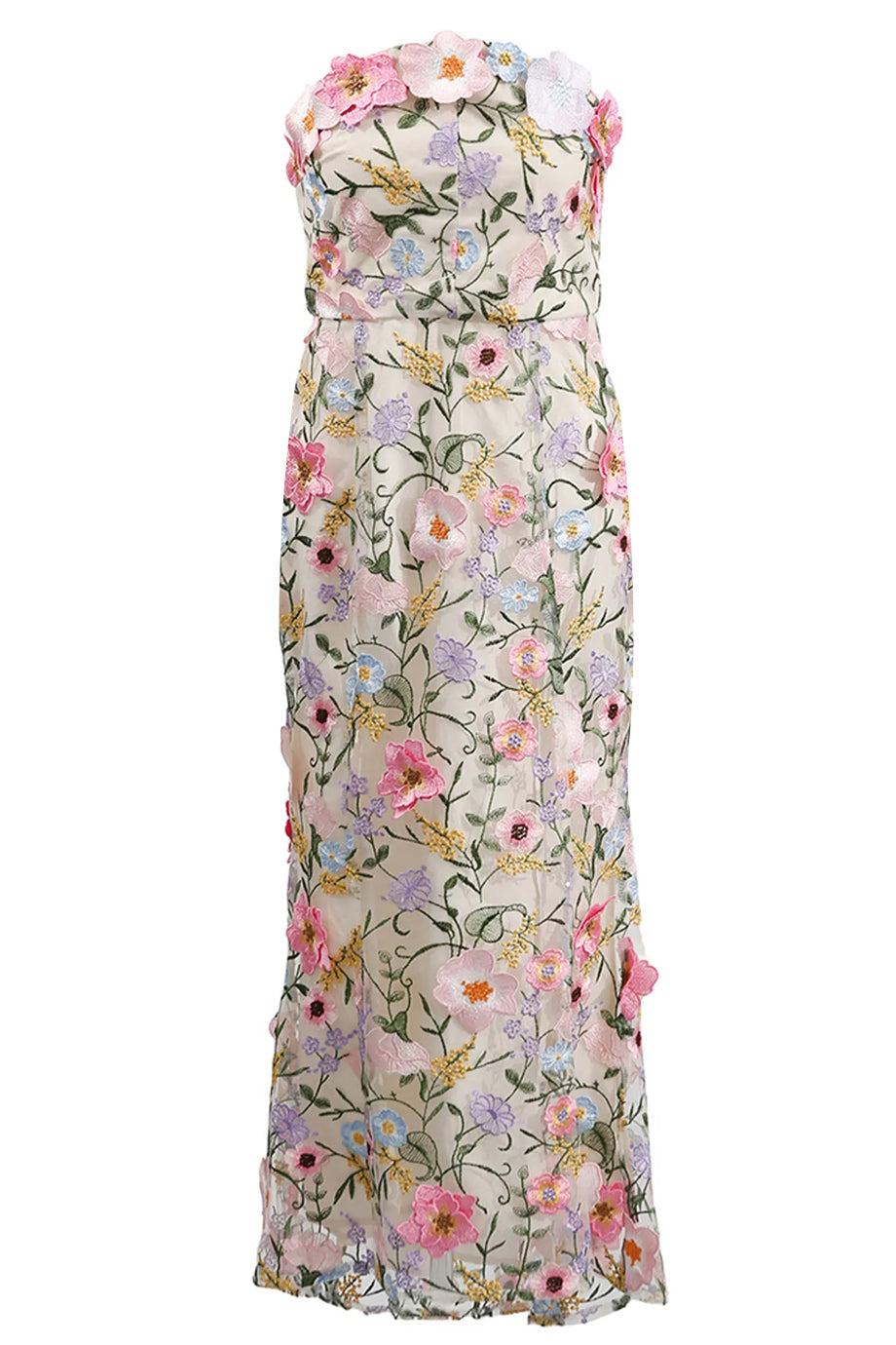 Bellevia Στράπλες Μάξι Φόρεμα με Φλοράλ Δαντέλα | Βραδινά Φορέματα - Evening Dresses | Bellevia Strapless Floral Lace Evening Dress