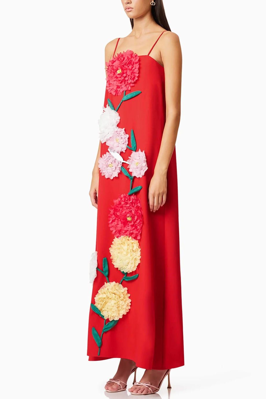 Cameliane Φλοράλ Μάξι Φόρεμα με Τιράντες και Λουλούδια | Γυναικεία Φορέματα - dresses| Cameliane Floral Maxi Dress with Straps and 3D Flower Appliqué