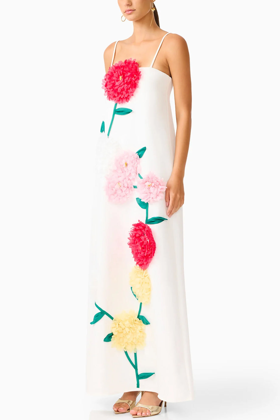 Cameliane Φλοράλ Μάξι Φόρεμα με Τιράντες και Λουλούδια | Γυναικεία Φορέματα - dresses| Cameliane Floral Maxi Dress with Straps and 3D Flower Appliqué