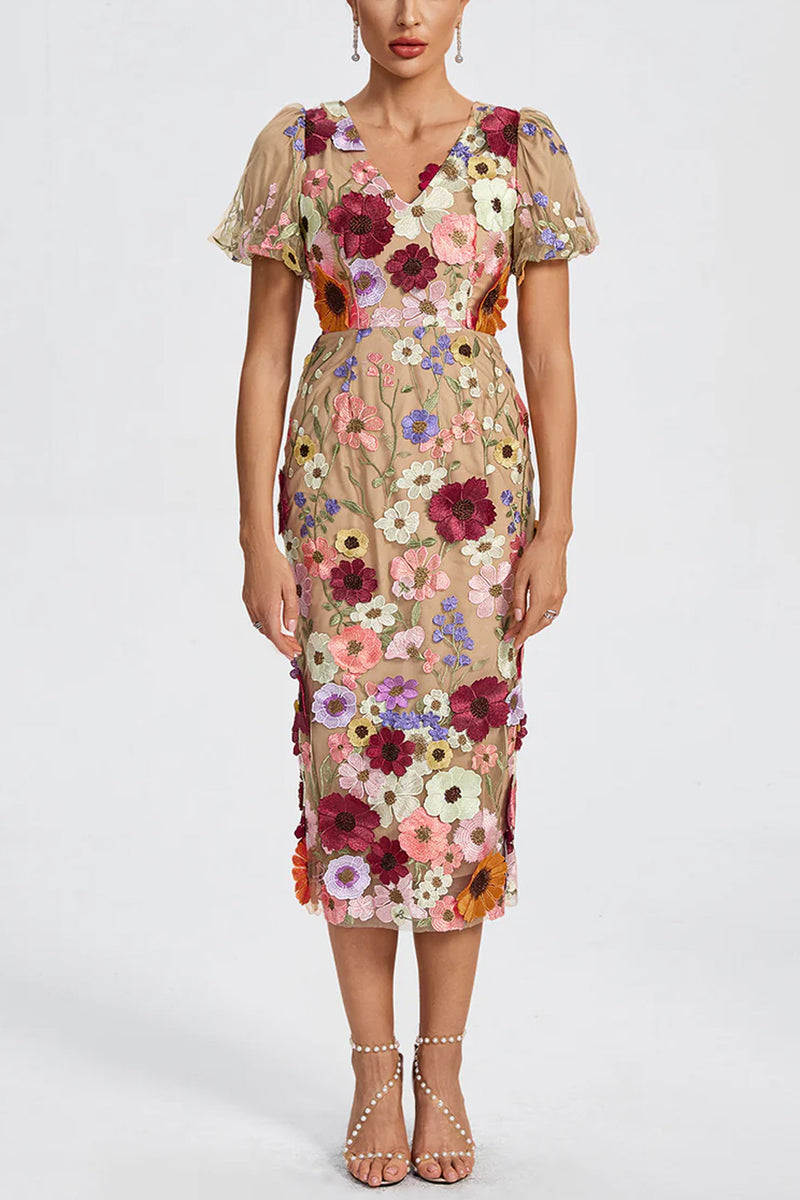 Velina Floral Lace Midi Dress with Flowers | Evening Dresses