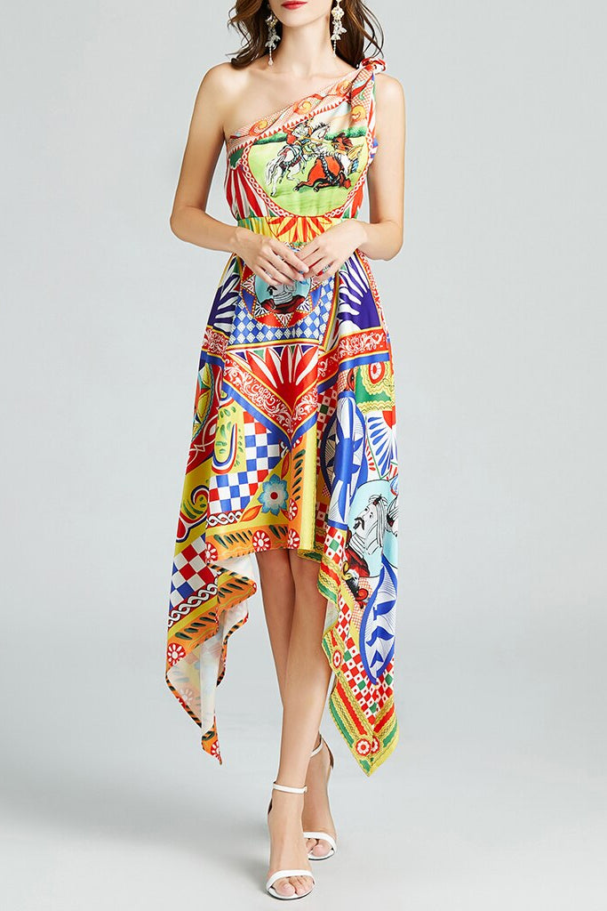 Katania Πολύχρωμο Εμπριμέ Φόρεμα με έναν Ώμο | Γυναικεία Ρούχα - Φορέματα